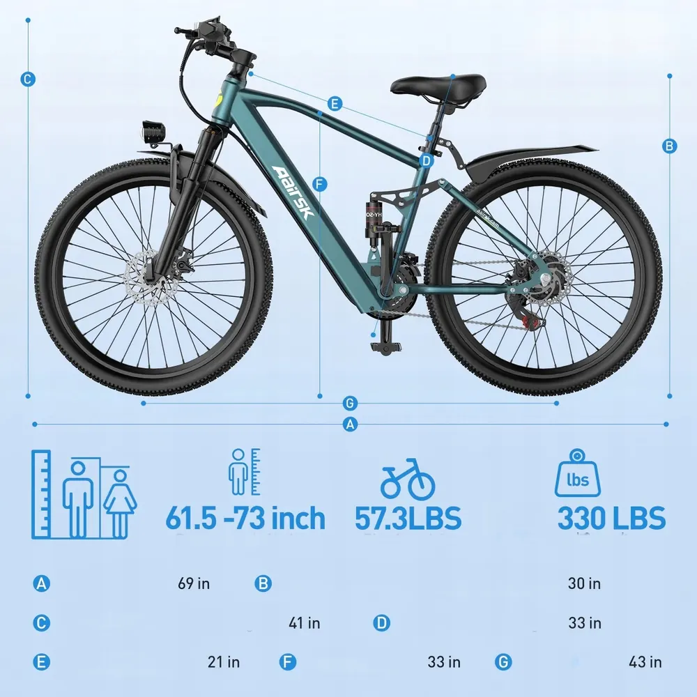 Accesorios de la bicicleta eléctrica Aairsk GT900: guardabarros, faro y soporte.