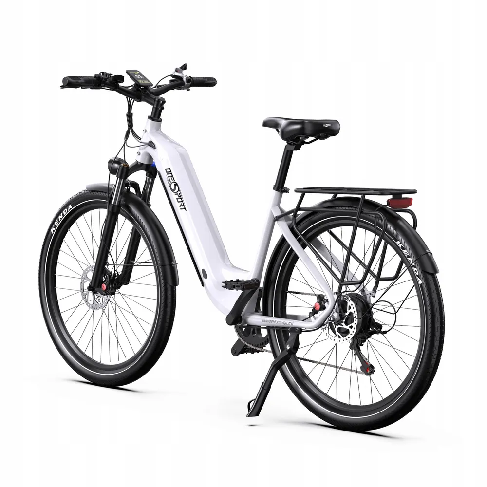 Marca Onesport en el cuadro de la bicicleta eléctrica OT05 blanca