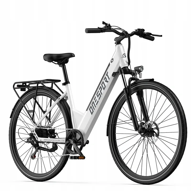 Bicicleta eléctrica urbana ONESPORT OT12 blanca, vista lateral completa.