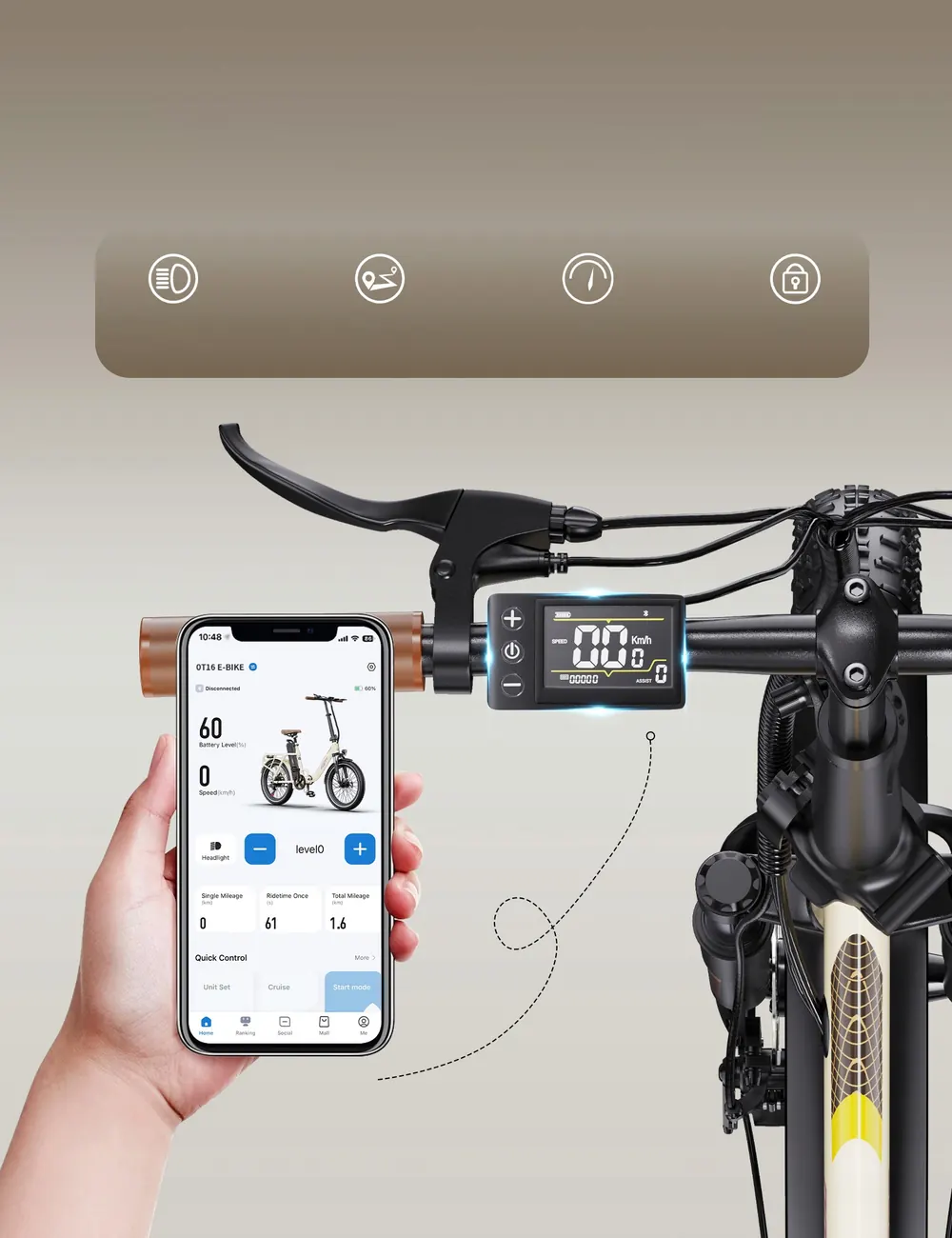 Logotipo de la marca ONESPOT en la bicicleta eléctrica OT16-2