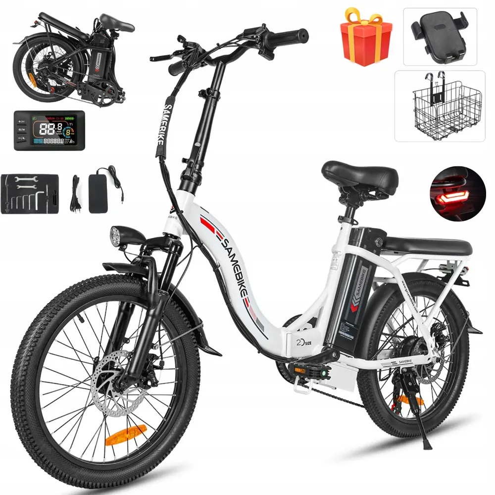 Bicicleta eléctrica plegable SAMEBIKE CY20 en vista lateral completa con cuadro blanco.