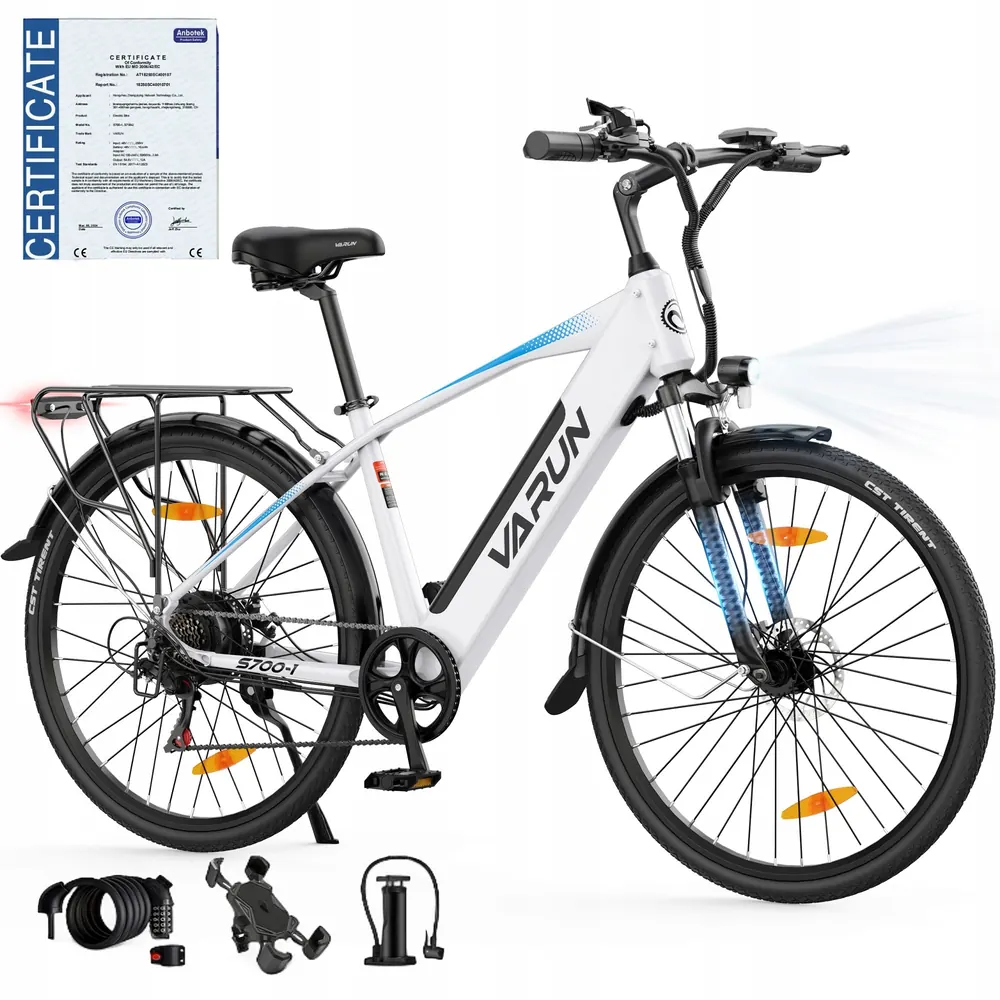 Varun S700-1 bicicleta eléctrica blanca 28 pulgadas con motor 250W y 45km de alcance
